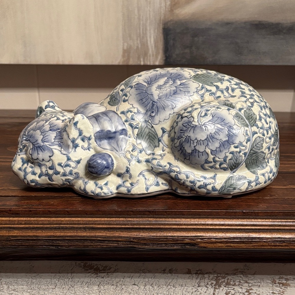 Sleeping Cat From H. F. P. Macau Floral Blue and White Ceramic Figurine